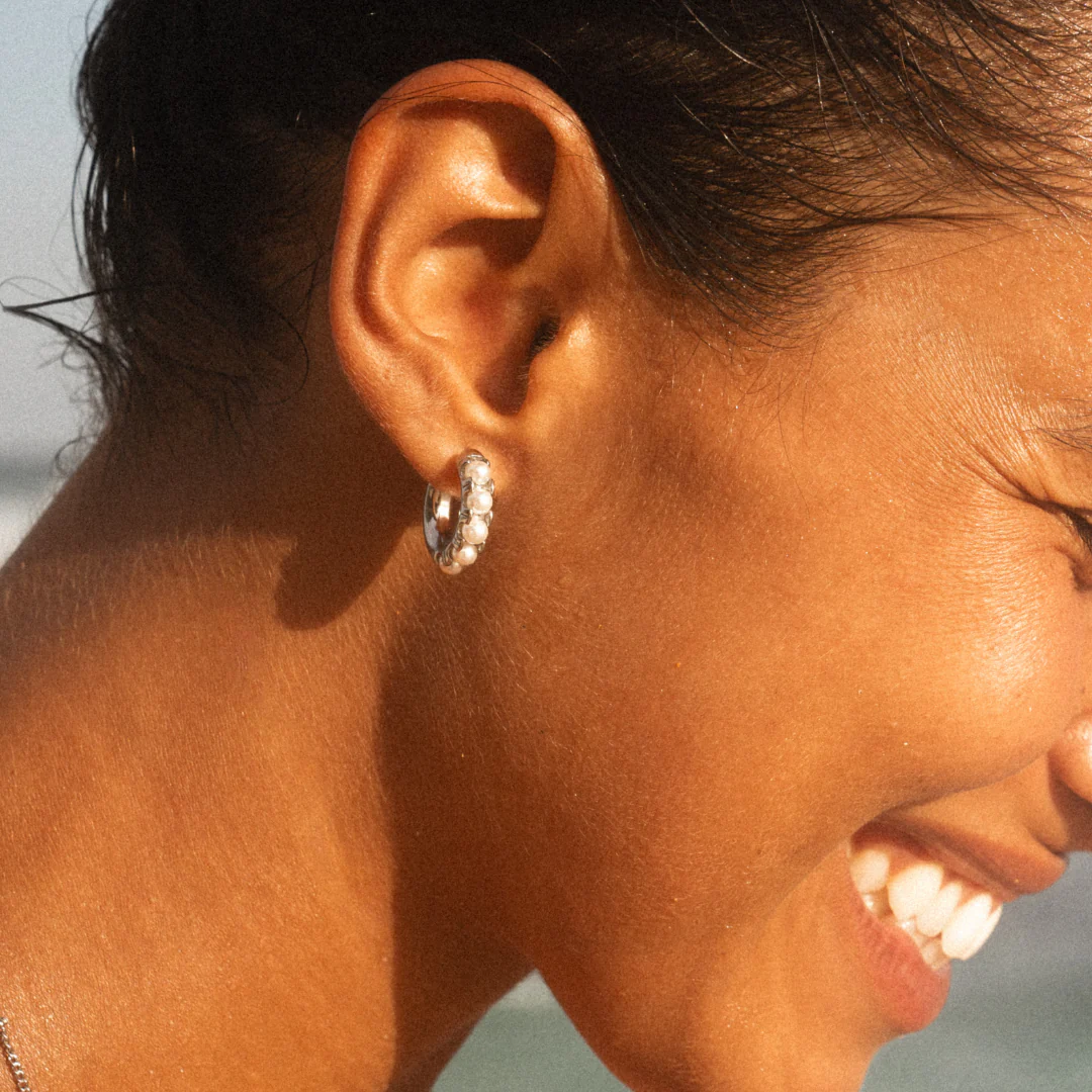 Mini Pearl Huggies Earrings - Image 4